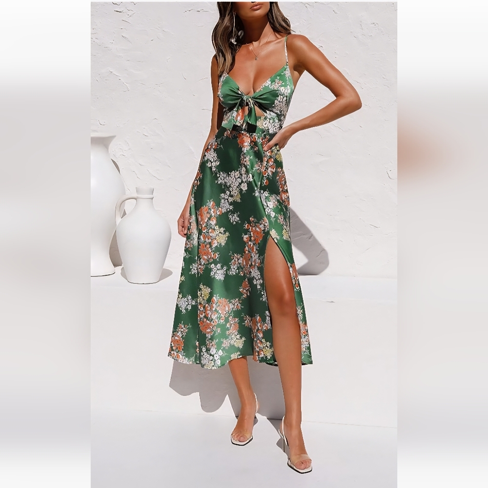 Fashionme "C-Crystal Green" Satin Tie Front Backless Split Hollow Dress, L, NWOT